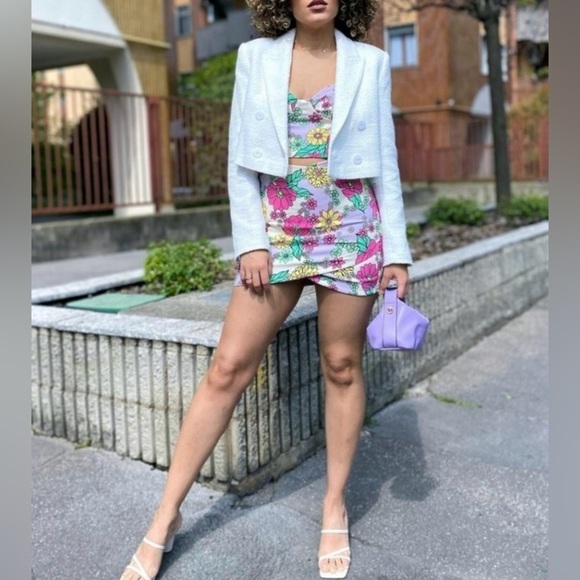 Zara Floral Lace Up Corset Crop Top and Mini Skirt 2 Pieces Matching Set - Picture 15 of 16